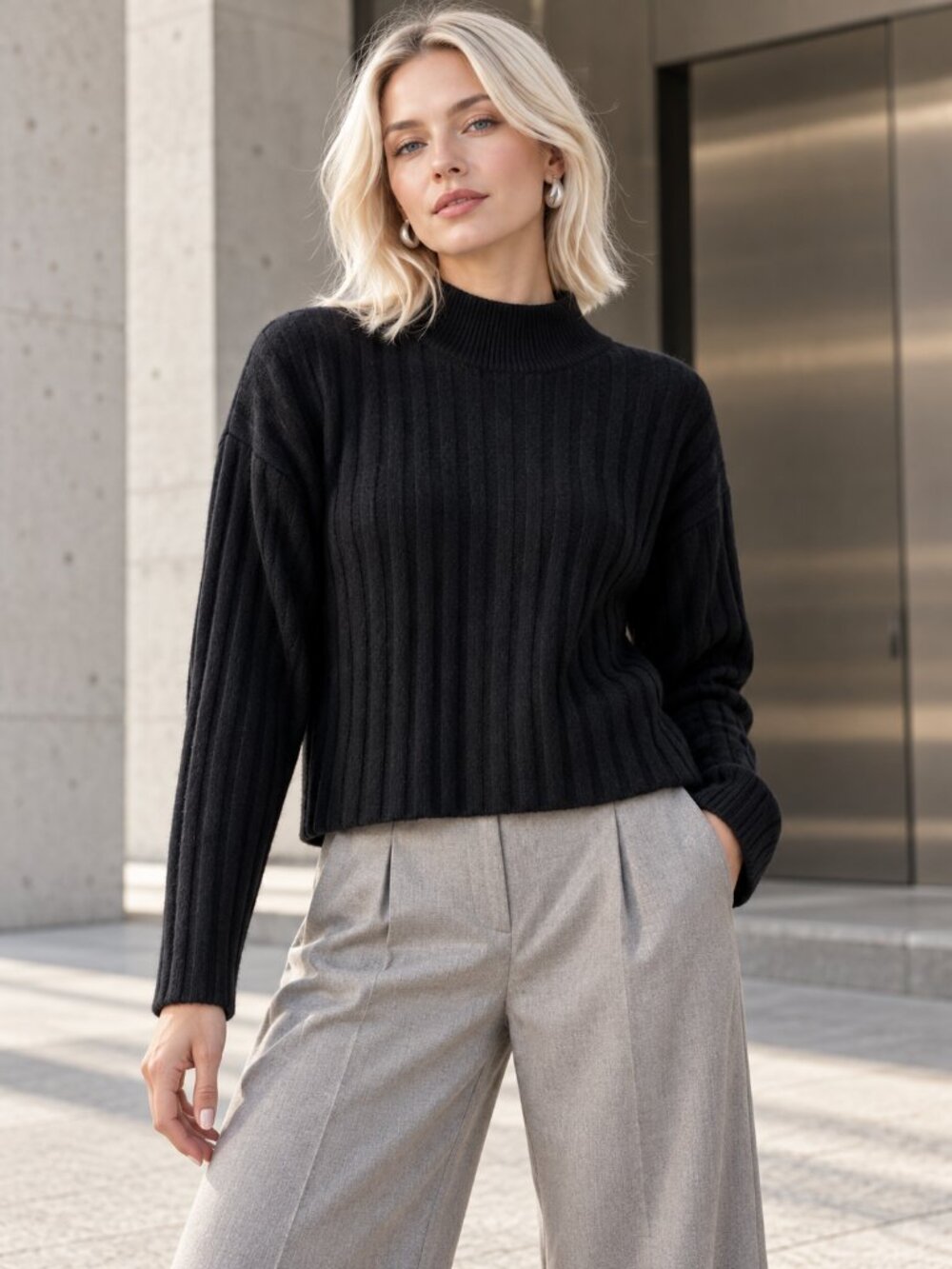 Quince 100% Mongolian Cashmere Wide Rib Cropped Mock Neck Sweater Black M